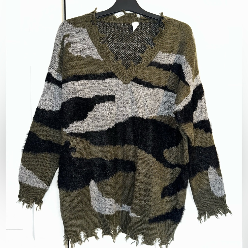 Olive Green Camouflage V-Neck Women's Distressed Sweater
